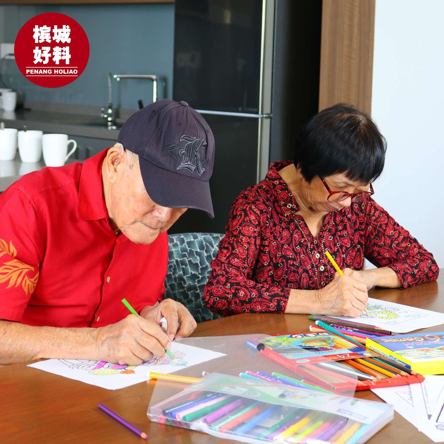 Old folks doing creative activities such as drawings.